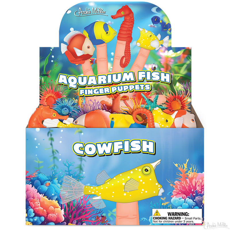 Aquarium Fish Finger Puppets are colorful aquatic toys showcased in a box, including a vibrant yellow cowfish and a striking red seahorse. Ideal for inspiring creativity, these lively fish toys bring underwater magic to your fingertips.