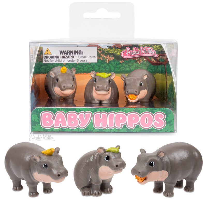 Baby Hippos: A set of four soft vinyl hippos, each featuring a charming accessory on its head or mouth.
