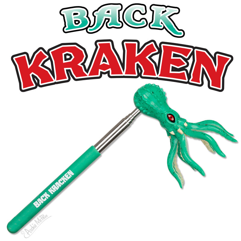 The Back Kraken is a green back scratcher with a kraken-shaped handle and BACK KRAKEN above it—an epic pirate-themed gift for anyone seeking relief from itchy backs.