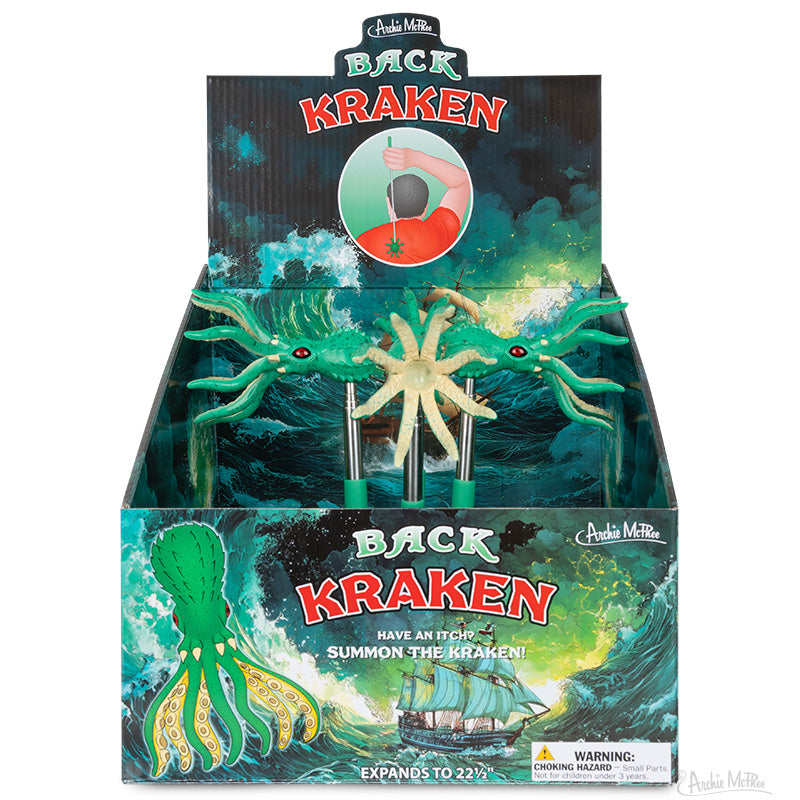 Back Kraken display box with green tentacled back scratchers and sea-inspired artwork—a fun pirate-themed gift for anyone needing a helpful hand.