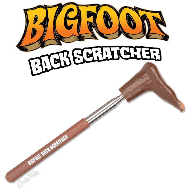 The Bigfoot Back Scratcher has a handle shaped like a Bigfoot foot and is labeled Bigfoot Back Scratcher. Its a fun, quirky gift for fans of extendable back scratchers or legendary creatures!.