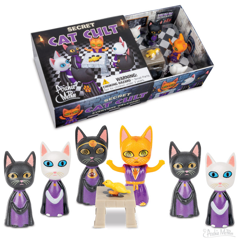 Box of Secret Cat Cult toys featuring five vinyl cat figurines in robes and a small altar, offering a glimpse into the secret feline world.