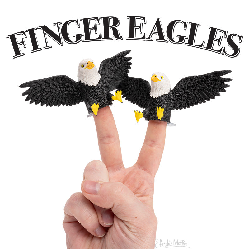 Two Eagle Finger Puppets on hand with logo