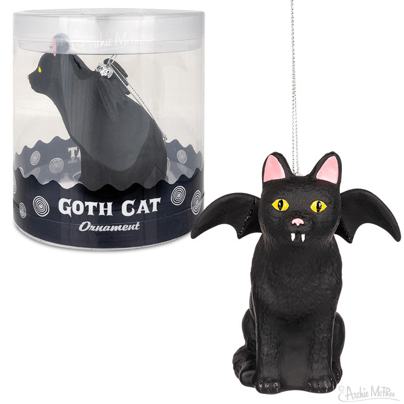 Black Goth Cat Ornament with yellow eyes and bat wings and packaging