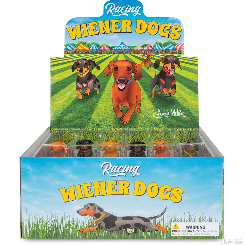 The Racing Wiener Dogs box display showcases cute cartoon dachshunds and playful wiener dog toy figures, making it perfect for a fun dachshund race.
