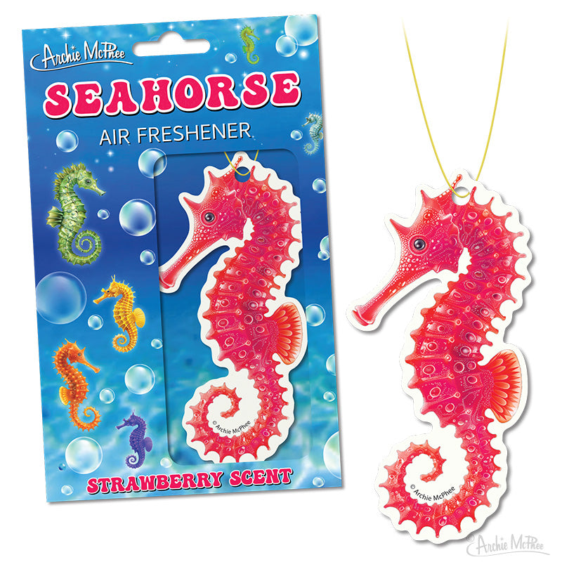 The Seahorse Air Freshener showcases seahorse-shaped packaging featuring a pink seahorse and emits a delightful strawberry fragrance.