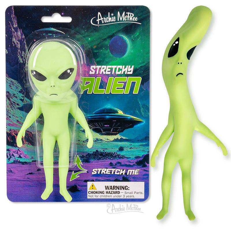 The Stretchy Alien comes in packaging featuring the Stretchy Alien name, a UFO on a cosmic backdrop, and a flexible green alien figure ready for galactic fun.