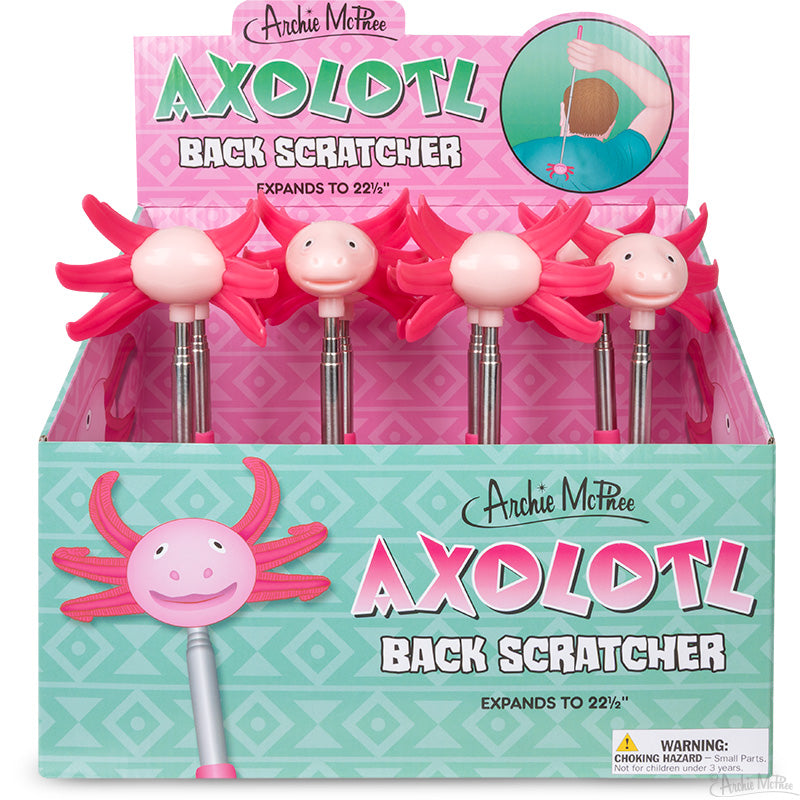 Four pink Axolotl Back Scratchers, ideal as novelty gifts, are showcased in a colorful retail box labeled Axolotl Back Scratcher.