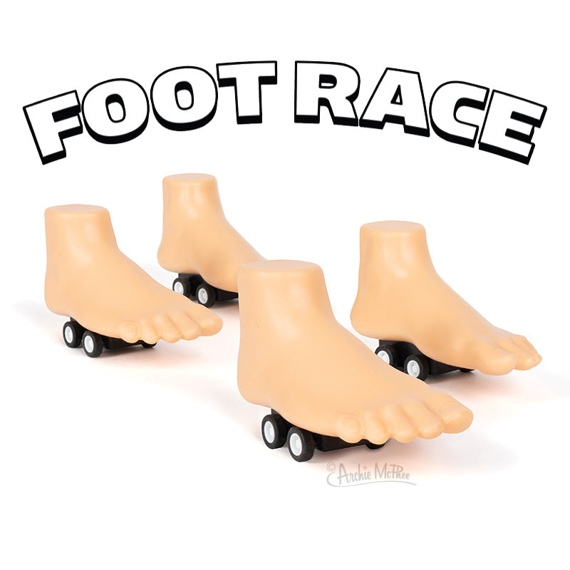 Three toy figures on wheels speed below the bold black letters Foot Race, representing the Foot Race product.