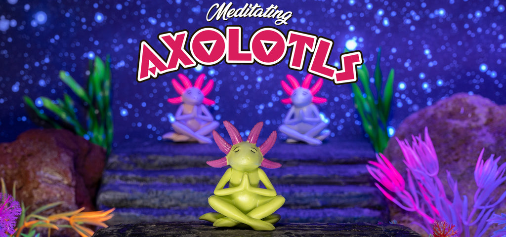 Three meditating Axolotls on a the steps of an altar.