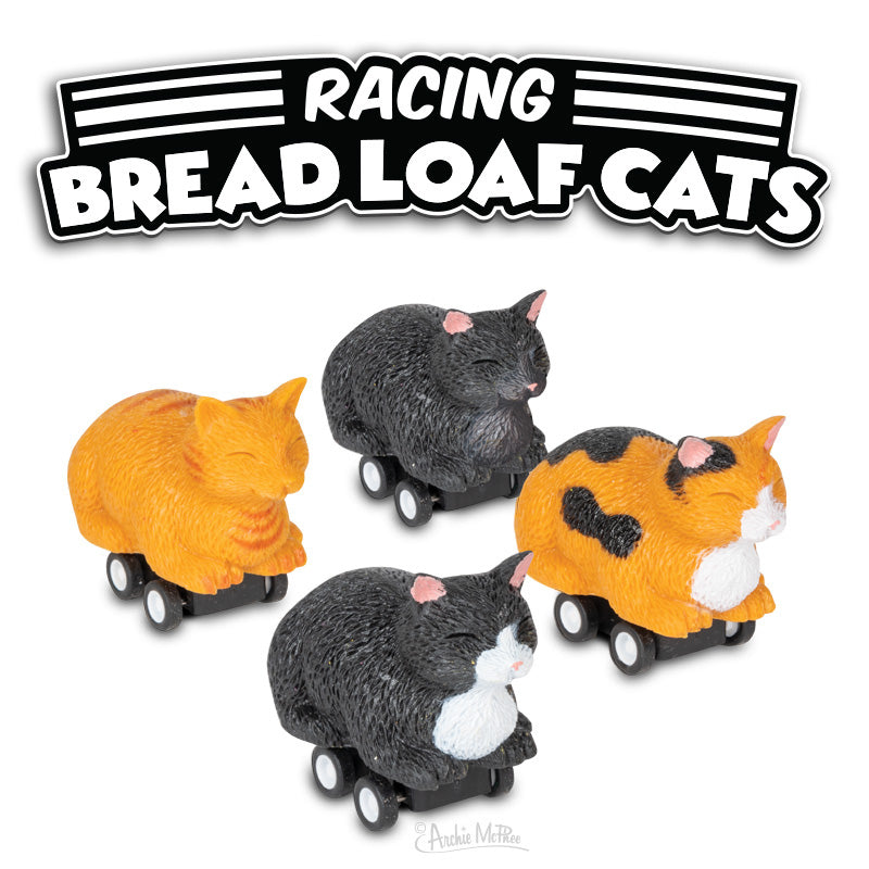 Vinyl and plastic toy cats, designed to resemble loaves of bread on wheels, speed along beneath the Racing Bread Loaf Cats label.